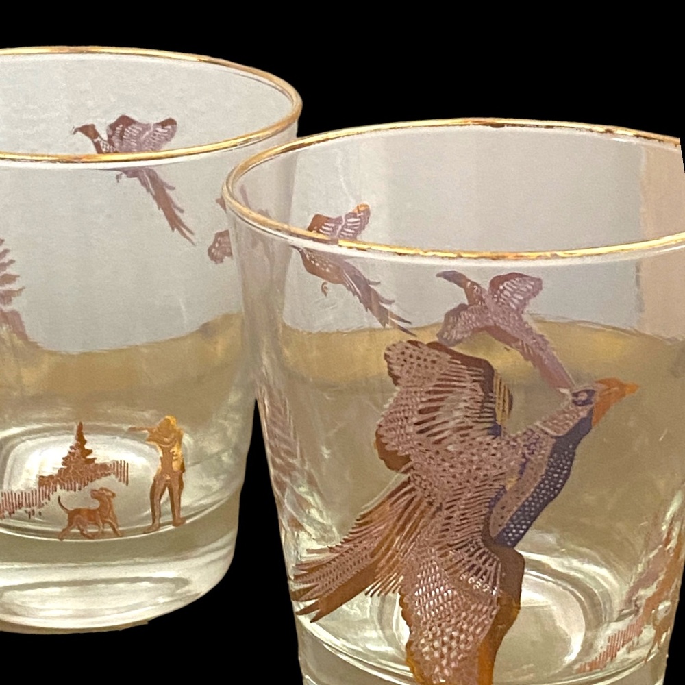 Vintage gold rimmed drink/bar ware with gold pheasants. Set of 4